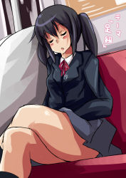 Rule 34 | 1girl, ast exception, black hair, drooling, closed eyes, fuyutsuki asuto, k-on!, crossed legs, long hair, nakano azusa, saliva, school uniform, sitting, sleeping, sleeping upright, solo, thick thighs, thighs, twintails