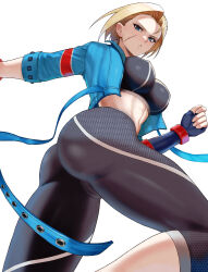 Rule 34 | ass, ass focus, blonde hair, blush, breasts, cammy white, facial scar, fingerless gloves, from below, gloves, highres, huge ass, jacket, large breasts, pants, scar, scar on cheek, scar on face, short hair, solo, street fighter, street fighter 6, thick thighs, thighs, union jack, wide hips, yukimune