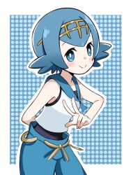 Rule 34 | 1girl, bare arms, blue eyes, blue hair, blue pants, blue sailor collar, blush, bright pupils, creatures (company), emapippi, game freak, hairband, headband, highres, lana (pokemon), looking at viewer, nintendo, no sclera, one-piece swimsuit, open mouth, pants, pokemon, pokemon sm, sailor collar, shirt, short hair, sleeveless, sleeveless shirt, smile, solo, swimsuit, swimsuit under clothes, tongue, twitter username, v, white pupils, white shirt, yellow headband