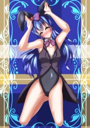 Rule 34 | 1girl, artist name, artist request, bare legs, black dress, black leotard, blue hair, blush, bow, bowtie, breasts, brown eyes, buttons, cleavage, coattails, dress, embarrassed, female focus, floating hair, hair between eyes, hair bow, highres, leotard, long hair, looking at viewer, love live!, love live! school idol project, medium breasts, nail, nail polish, nose blush, parted lips, pink nails, playboy bunny, rabbit pose, red bow, sleeveless, sleeveless dress, smile, solo, sonoda umi, striped, striped bow, wavy hair, wing collar, worried, yellow eyes