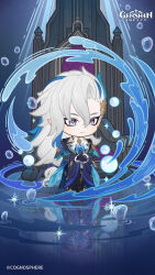 Rule 34 | 1boy, absurdres, black gloves, black pants, blue hair, bubble, chibi, closed mouth, coat, copyright name, dot nose, frilled sleeves, frills, genshin impact, gloves, grey hair, hair between eyes, hair ornament, highres, long hair, long sleeves, looking to the side, male focus, multicolored hair, neuvillette (genshin impact), official art, open clothes, open coat, pants, pointy ears, slit pupils, solo, sparkle, standing, streaked hair, throne, very long hair