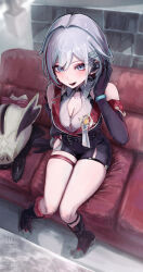 1girl absurdres bare_shoulders black_footwear black_gloves black_unitard blue_eyes breasts cleavage commentary_request couch detached_sleeves earpiece gloves hair_intakes hair_ornament highres honkai:_star_rail honkai_(series) looking_at_viewer medium_breasts numby_(honkai:_star_rail) on_couch open_mouth red_hair sanshoku_dango_(shukosuko) short_hair sitting smile thigh_strap thighs topaz_(honkai:_star_rail) trotter_(honkai:_star_rail) white_hair