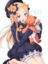 Rule 34 | 1girl, abigail williams (fate), black bow, black dress, black hat, blonde hair, blue eyes, blush, bow, dress, fate (series), frilled sleeves, frills, hair bow, hakka (88hk88), hat, highres, holding, holding stuffed toy, long hair, long sleeves, looking at viewer, multiple hair bows, orange bow, pillow, polka dot, polka dot bow, polka dot pillow, seiza, sitting, sleeves past fingers, sleeves past wrists, smile, solo, stuffed animal, stuffed toy, teddy bear, very long hair