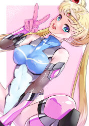 Rule 34 | 1girl, absurdres, alternate costume, arion canvas, bare shoulders, bishoujo senshi sailor moon, blonde hair, blue eyes, blue leotard, circlet, covered navel, crescent, crescent earrings, double bun, earrings, elbow gloves, gloves, hair bun, highres, impossible clothes, jewelry, leotard, lips, long hair, open mouth, parted bangs, pink gloves, pink thighhighs, sailor moon, skin tight, smile, solo, spread legs, squatting, taimanin (series), taimanin suit, thighhighs, tsukino usagi, twintails, two-tone leotard, very long hair, white leotard