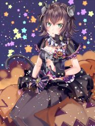 Rule 34 | 1girl, :o, animal ears, bad id, bad pixiv id, bang dream!, black bow, black hair, black pantyhose, black ribbon, black skirt, bow, breasts, brown hair, cat ears, cat tail, cleavage, commentary request, crossed bangs, frilled sleeves, frills, green eyes, hair ribbon, halloween, halloween costume, ito22oji, jack-o&#039;-lantern, jewelry, leg ribbon, looking at viewer, medium breasts, navel, necklace, pantyhose, pearl necklace, purple bow, ribbon, see-through, see-through sleeves, short hair, sitting, sitting on object, skirt, solo, star (symbol), striped, striped bow, tail, thigh ribbon, wrist cuffs, yamato maya