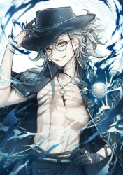 Rule 34 | 1boy, abs, black coat, black hat, coat, edmond dantes (fate), edmond dantes (monte cristo selection) (fate), epaulettes, fate/grand order, fate (series), fedora, glasses, grin, hat, highres, jacket, jacket on shoulders, kizashima shizaki, looking at viewer, male focus, popped collar, scar, smile, solo, topless male, upper body, watermark, wavy hair, white hair, yellow eyes