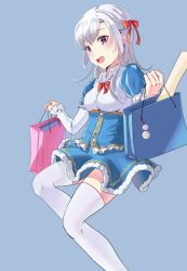 Rule 34 | 1girl, :d, bag, blue background, blue skirt, breasts, gan-viking, highres, looking at viewer, medium breasts, open mouth, original, purple eyes, shopping bag, skirt, smile, solo, thighhighs, white hair, white thighhighs