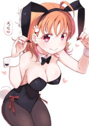 Rule 34 | 1girl, ahoge, animal ears, black bow, black bowtie, black leotard, black pantyhose, bow, bowtie, braid, breasts, cleavage, commentary request, cowboy shot, detached collar, fake animal ears, kitahara tomoe (kitahara koubou), leotard, love live!, love live! sunshine!!, medium breasts, nail polish, orange hair, pantyhose, playboy bunny, rabbit ears, rabbit tail, red eyes, ribbon, short hair, side braid, simple background, solo, strapless, strapless leotard, tail, takami chika, twitter username, white background, wrist cuffs, yellow ribbon