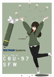 Rule 34 | 1girl, ^ ^, aerial bomb, artist name, atamonica, black hair, blu-108, blush, bomb, bomblet, cbu-105, cbu-97 sensor fuzed weapon, closed eyes, cluster bomb, cluster munition, commentary, dated, english commentary, explosive, explosively formed penetrator, fragmentation warhead, guidance kit, guided bomb, highres, inertia-guided bomb, inertia-guided weapon, infrared-guided bomb, jumping, laser-guided bomb, lockheed corporation, lockheed martin, long hair, military, original, pants, parachute, personification, precision-guided munition, satellite-guided bomb, satellite-guided munition, satellite-guided weapon, shaped charge, shoes, smile, sweater, textron, textron defense systems, textron systems, wind corrected munitions dispenser