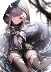 Rule 34 | 1girl, ahoge, arknights, bare shoulders, belt, black thighhighs, blurry, braid, breasts, commentary, crocodilian tail, depth of field, dress, feet out of frame, flower, gloves, goggles, goggles around neck, grey eyes, grey gloves, grey hair, hair flowing over, hair over one eye, head tilt, highres, hood, hood up, konome noi, large tail, long hair, looking away, medium breasts, microdress, pointy ears, shallow water, shoes, side braid, solo, tail, tail ornament, thighhighs, tomimi (arknights), torn clothes, torn dress, torn thighhighs, very long hair, water, wet, white background, white flower