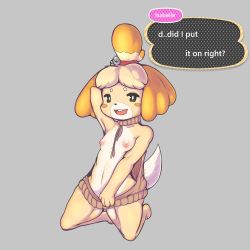 Rule 34 | 1girl, alternate costume, animal crossing, animal ears, animal hands, arm up, armpits, barefoot, bell, blonde hair, blush stickers, bottomless, brown eyes, buck teeth, character name, collarbone, dog ears, dog girl, dog tail, english text, female focus, flat chest, full body, furry, furry female, grey background, hair bell, hair ornament, hair tie, half-closed eyes, happy, highres, isabelle (animal crossing), jingle bell, kneeling, meme attire, nintendo, nipples, open mouth, partially visible vulva, pink sweater, pussy, pussy peek, short hair, simple background, smile, solo, speech bubble, suenbroe, sweater, tail, talking, teeth, text focus, topknot, virgin killer sweater, wardrobe error