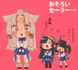 Rule 34 | 3girls, :3, = =, @ @, ^ ^, ahoge, alternate costume, animal ears, black thighhighs, blade, blue bow, blue sailor collar, blue skirt, blunt bangs, blunt ends, blush stickers, bow, brown hair, chibi, clenched hands, closed eyes, commentary request, drooling, flustered, flying sweatdrops, fukomo, green hair, half updo, headgear, kneehighs, leg warmers, loafers, long hair, long sleeves, looking at viewer, matching outfits, multiple girls, neck ribbon, open mouth, outline, own hands together, palms together, parted bangs, pink background, pink ribbon, purple eyes, ribbon, sailor collar, school uniform, serafuku, shirt, shoes, siblings, sidelocks, simple background, sisters, skirt, smile, socks, sweat, thighhighs, touhoku itako, touhoku kiritan, touhoku zunko, translation request, twintails, v arms, voiceroid, waist bow, white outline, white shirt