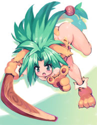 Rule 34 | 1girl, angry, animal ears, animal hands, animal print, ass, boomerang, cat ears, cat tail, cham cham, fang, gloves, green eyes, green hair, matching hair/eyes, no panties, paw gloves, paw shoes, samurai spirits, shoes, snk, solo, tail, tiger print, yu 3