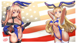 Rule 34 | 2girls, adapted costume, american flag, animal ears, arm up, armpits, arms behind head, arms up, artist logo, bare shoulders, black gloves, black legwear, blonde hair, blue eyes, blue leotard, bow, bowtie, breasts, brown eyes, rabbit ears, rabbit tail, cleavage, commentary request, dated, double bun, fake animal ears, fishnets, flag background, fletcher (kancolle), gloves, highres, johnston (kancolle), kantai collection, large breasts, leotard, light brown hair, long hair, looking at viewer, medium breasts, moke ro, multiple girls, navel, playboy bunny, single glove, strapless, strapless leotard, tail, thighhighs, two side up