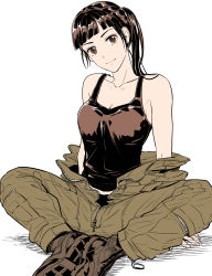 1girl, absurdres, ace combat, ace combat 7, bangs, bare shoulders, black hair, boots, breasts, brown eyes, cleavage, collarbone, feet together, full body, head tilt, highres, huxian, indian style, long hair, looking at viewer, md5 mismatch, medium breasts, off shoulder, pilot, pilot suit, ponytail, sitting, smile, takato15 c, tank top, zipper
