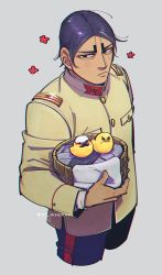 Rule 34 | bird, black eyes, brown jacket, buttons, cropped legs, dark-skinned male, dark skin, golden kamuy, grey background, holding, jacket, koito otonoshin, long sleeves, looking at viewer, male focus, military, military uniform, mosu shima, parted bangs, purple hair, short hair, simple background, solo, uniform