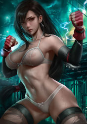 Rule 34 | 1girl, black hair, black thighhighs, bow, bow bra, bow panties, bra, breasts, clenched hands, cowboy shot, earrings, elbow gloves, facing viewer, fighting stance, final fantasy, final fantasy vii, fingerless gloves, gloves, highres, jewelry, large breasts, logan cure, long hair, looking at viewer, low-tied long hair, panties, parted lips, ponytail, red eyes, red gloves, see-through, solo, standing, sweat, thighhighs, tifa lockhart, torn clothes, torn thighhighs, underwear, underwear only, very long hair, white bra, white panties
