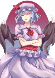 Rule 34 | 1girl, ascot, bat wings, blouse, blue background, blue hair, commentary, cowboy shot, crossed arms, gradient background, hair between eyes, hat, head tilt, looking at viewer, mirufui, mob cap, parted lips, puffy short sleeves, puffy sleeves, purple hat, purple shirt, purple skirt, red ascot, red background, red eyes, remilia scarlet, sash, shirt, short hair, short sleeves, skirt, solo, standing, touhou, wings