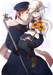 Rule 34 | 1boy, 1girl, axis powers hetalia, black gloves, black thighhighs, blue coat, blue eyes, blue headwear, carrying, closed mouth, clothes writing, coat, crossover, flat cap, flower, gloves, grey hair, hair between eyes, hammer and sickle, hat, hibiki (kancolle), himaruya hidekazu (style), holding, holding flower, jacket, kantai collection, kuro (parade), lead pipe, long hair, long sleeves, military, military uniform, pleated skirt, purple eyes, russia (hetalia), russian text, scarf, simple background, skirt, smile, star (symbol), sunflower, thighhighs, uniform, verniy (kancolle), white headwear, white scarf