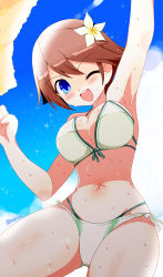 Rule 34 | 1girl, absurdres, bikini, blue eyes, blue sky, breasts, brown hair, cleavage, cloud, commentary request, cowboy shot, flipped hair, flower, hair flower, hair ornament, hiei (kancolle), highres, kanoe soushi, kantai collection, large breasts, looking at viewer, one eye closed, short hair, sky, smile, solo, swimsuit, towel, wet, wet clothes, white bikini