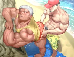 Rule 34 | 2boys, abs, against tree, anal, ass, bara, barefoot, beach, body hair, cum, cum in ass, cumdrip, ejaculating while penetrated, ejaculation, erection, facial hair, feet, grin, hat, highres, male focus, male penetrated, multiple boys, muscular, nipples, outdoors, pectorals, penis, ponkotsu (artist), sex, silver hair, smile, smirk, swimsuit, toes, tree, uncensored, yaoi