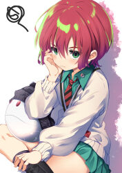 1girl amate_yuzuriha beanie black_boots black_hat boots collared_shirt diagonal-striped_clothes diagonal-striped_necktie gradient_hair green_eyes green_shirt green_skirt gundam gundam_gquuuuuux haro hat highres long_sleeves mad_(hazukiken) multicolored_hair necktie pleated_skirt puffy_long_sleeves puffy_sleeves purple_hair purple_socks red_hair robot shirt skirt socks squiggle striped_clothes sweater white_background white_sweater