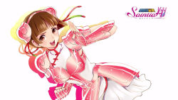 Rule 34 | 1girl, :d, armor, armored dress, blunt bangs, brown eyes, brown hair, china dress, chinese clothes, clenched hand, copyright name, double bun, dress, end card, faulds, fingerless gloves, gloves, hair bun, hairband, leaning forward, official art, open mouth, pauldrons, pink hairband, saint seiya, saint seiya saintia sho, shadow, short dress, short hair, shoulder armor, simple background, smile, solo, standing, white background, white dress