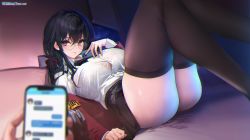 Rule 34 | 1boy, 1girl, 504 gateway, armband, artist name, ass, azur lane, black bow, black bowtie, black hair, black skirt, blurry, blurry foreground, bow, bowtie, breasts, glasses, highres, holding, holding phone, huge breasts, jacket, large breasts, long hair, looking at viewer, lying, official alternate costume, on back, phone, pleated skirt, red eyes, red jacket, school uniform, shirt, skirt, solo focus, sweat, taihou (azur lane), taihou (sweet time after school) (azur lane), thighhighs, thighs, white shirt, yellow armband