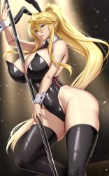 Rule 34 | 1girl, akitsuki karasu, alternate costume, animal ears, arm up, artoria pendragon (fate), artoria pendragon (lancer) (fate), bare arms, bare shoulders, black bow, black bowtie, black leotard, black thighhighs, blonde hair, blush, bow, bowtie, breasts, closed mouth, covered navel, curvy, detached collar, fake animal ears, fate/grand order, fate (series), green eyes, hair between eyes, high ponytail, highleg, highleg leotard, highres, large breasts, leotard, long hair, looking at viewer, playboy bunny, pole, pole dancing, ponytail, rabbit ears, smile, solo, stripper pole, thighhighs, thighs, very long hair, wide hips, wrist cuffs