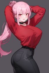Rule 34 | 1girl, absurdres, alternate costume, arms behind head, arms up, ass, black choker, black pants, bluefield, breasts, choker, collarbone, grey background, highres, hololive, hololive english, large breasts, long hair, long sleeves, looking at viewer, mori calliope, pants, pink hair, ponytail, red eyes, red shirt, shirt, sidelocks, simple background, solo, virtual youtuber