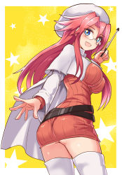 Rule 34 | 1girl, ass, aty, aty (summon night), blue eyes, breasts, cape, coat, cougar (cougar1404), dress, from behind, from below, glasses, hat, long hair, looking at viewer, looking back, medium breasts, open mouth, outside border, red hair, shiny clothes, shiny skin, short dress, smile, solo, summon night, thighhighs, white hat, white thighhighs, yellow background