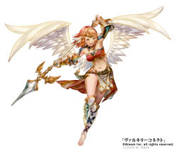 Rule 34 | 1girl, artist name, braid, company name, feathered wings, feathers, full body, genjin, headband, midriff, navel, official art, open mouth, orange eyes, orange hair, polearm, sandals, simple background, solo, spear, valkyrie connect, verdandi (valkyrie connect), weapon, white background, wings