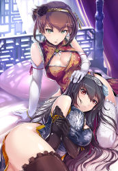 Rule 34 | 10s, 2girls, alternate costume, arm support, bangle, bed, black gloves, black hair, black legwear, blush, bracelet, breasts, brown eyes, brown hair, china dress, chinese clothes, cleavage, cleavage cutout, clothing cutout, curtains, dress, earrings, elbow gloves, flower, gloves, green eyes, hair between eyes, hair flower, hair ornament, hand on another&#039;s head, headgear, hi-ho-, highres, jewelry, kantai collection, lap pillow, large breasts, light frown, lingerie, long hair, looking at viewer, lying, multiple girls, mutsu (kancolle), nagato (kancolle), on bed, on side, open mouth, pillow, shiny skin, short hair, sitting, thighhighs, thighs, underwear, white gloves, white legwear
