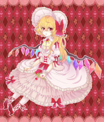 Rule 34 | 1girl, alternate costume, argyle, argyle background, argyle clothes, bad id, bad pixiv id, blonde hair, bonnet, bow, brooch, dress, embodiment of scarlet devil, female focus, flandre scarlet, flower, frilled dress, frills, hair bow, highres, jewelry, lace, lolita fashion, long hair, nail polish, red eyes, red flower, red rose, ring, rose, side ponytail, solo, too many, touhou, wings, wrist cuffs, yutsumoe