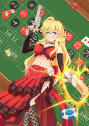 Rule 34 | 10s, 1girl, ahoge, bare shoulders, bikini, bikini top only, blonde hair, blue eyes, blush, boots, breasts, card, cleavage, cross-laced footwear, detached sleeves, dice, dual wielding, fingerless gloves, firing, flavia (merc storia), frills, gloves, gun, hairband, handgun, hip focus, holding, holding gun, holding weapon, large breasts, layered skirt, long hair, long skirt, looking at viewer, merc storia, midriff, navel, no socks, pistol, playing card, poker chip, red skirt, revolver, roulette table, shizukage (shizukageya), side slit, sizukage, skirt, smile, solo, swimsuit, table, very long hair, weapon