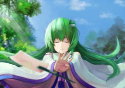 Rule 34 | 1girl, absurdres, blue sky, blurry, concentrating, day, depth of field, detached sleeves, closed eyes, floating, floating hair, floating object, forest, frog hair ornament, gohei, green hair, hair ornament, hair tubes, highres, hoshino arika, kochiya sanae, light rays, long hair, nature, nontraditional miko, oonusa, open hand, sky, sleeveless, solo, stance, sunlight, touhou, tree, upper body, very long hair