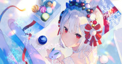 Rule 34 | 1girl, achiki, box, christmas, christmas ornaments, dress, from above, from behind, gift, gift box, hair between eyes, hair ornament, looking at viewer, looking back, original, red eyes, short hair, snow rabbit, snowflakes, toy, white background, white dress, white footwear, white hair, white legwear