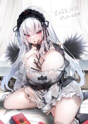 Rule 34 | 1girl, between breasts, breasts, cleavage, commentary request, curtains, dated, dress, food, food in mouth, grey hair, hairband, highres, huge breasts, indoors, lolita hairband, long hair, looking at viewer, pocky, pocky day, red eyes, rozen maiden, sitting, solo, suigintou, tousen, white dress