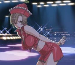 Rule 34 | 1girl, aged up, breasts, female focus, hat, ino (magloid), lace, lyrica prismriver, meiko (vocaloid), microphone, parody, solo, third-party edit, touhou, vocaloid