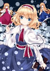Rule 34 | 3girls, alice margatroid, blonde hair, blue bow, blue dress, blue eyes, book, boots, bow, brown footwear, capelet, closed mouth, commentary request, dress, frilled hairband, frills, hair between eyes, hair bow, hairband, holding, holding book, hourai doll, long sleeves, mini person, minigirl, multiple girls, nanase nao, red bow, red dress, red hairband, shanghai doll, sleeveless, sleeveless dress, smile, touhou, white capelet