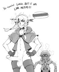 Rule 34 | 1boy, 1girl, abs, ahoge, angry, arrow (projectile), arrow in head, bad id, bad tumblr id, blood, blush, boots, braid, capelet, compass, cosplay, crossdressing, dio brando, earrings, english text, erection, exhibitionism, eyebrows, full-face blush, gameplay mechanics, greyscale, hands on own hips, health bar, heart, hetero, hoop earrings, hyrule warriors, jewelry, jojo no kimyou na bouken, large penis, link, linkle, linkle (cosplay), long hair, modeseven, monochrome, navel, nintendo, object through head, parody, penis, pointy ears, public indecency, puffy short sleeves, puffy sleeves, short sleeves, smile, sparkle, testicles, the legend of zelda, thick eyebrows, thigh boots, thighhighs, twin braids