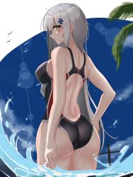 Rule 34 | 1girl, ass, back, bare shoulders, black one-piece swimsuit, blue sky, blush, breasts, closed mouth, competition swimsuit, crossed bangs, facial mark, feet out of frame, girls&#039; frontline, green eyes, grey hair, highres, hk416 (girls&#039; frontline), huge filesize, large breasts, long hair, looking back, one-piece swimsuit, rynn (rynn cube), simple background, sky, solo, standing, swimsuit, teardrop, water, wet, wet clothes, wet swimsuit