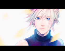 Rule 34 | 1boy, armor, blonde hair, blue eyes, blurry, blurry foreground, closed mouth, cloud strife, falling petals, final fantasy, final fantasy vii, hair between eyes, happy birthday, letterboxed, looking at viewer, male focus, petals, short hair, shoulder armor, single bare shoulder, sleeveless, sleeveless turtleneck, solo, turtleneck, white background, yui (nightflight)