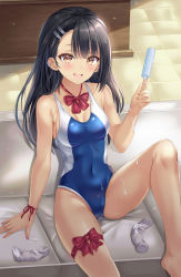 1girl, :d, bangs, bare shoulders, black hair, blue swimsuit, blush, bnari, bow, breasts, brown eyes, collarbone, commentary request, dark skin, dark skinned female, fingernails, food, food on body, food on clothes, hair ornament, hairpin, highres, holding, holding food, ijiranaide nagatoro-san, knee up, legwear removed, long hair, looking at viewer, medium breasts, nagatoro hayase, nail polish, one-piece swimsuit, open mouth, pink hair, popsicle, red bow, red ribbon, ribbon, sitting, smile, socks, solo, swimsuit, thigh ribbon, white legwear