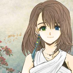 Rule 34 | 1girl, blue eyes, breasts, brown hair, commentary request, dress, earrings, final fantasy, final fantasy x, green eyes, jewelry, looking at viewer, medium hair, smile, solo, yadoso, yuna