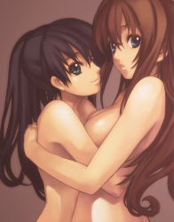 Rule 34 | 00s, 2girls, ar tonelico, ar tonelico i, aurica nestmile, blue eyes, breasts, brown background, brown hair, green eyes, gust, highres, hug, large breasts, long hair, misha arsellec lune, multiple girls, nagi ryou, nude, official art, yuri