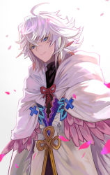 Rule 34 | 1boy, absurdres, ahoge, blue eyes, blurry, blurry foreground, bow, bowtie, closed mouth, coat, fate/grand order, fate (series), feathers, flower, frills, hair between eyes, hair flower, hair ornament, highres, karasuro, long hair, looking at viewer, male focus, merlin (fate), messy hair, petals, sidelocks, smile, solo, standing, upper body, white background, white coat, white hair