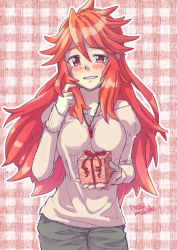 Rule 34 | 10s, 1girl, artist name, dated, grin, hair between eyes, incoming gift, jewelry, long hair, looking at viewer, mishido sun, necklace, red eyes, red hair, senki zesshou symphogear, smile, solo, valentine