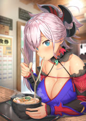 Rule 34 | 1girl, asymmetrical hair, b-ginga, bare shoulders, blue eyes, blue kimono, blurry, blurry background, blush, bowl, breasts, chopsticks, cleavage, closed mouth, collarbone, detached sleeves, earrings, eating, fate/grand order, fate (series), food, hair ornament, holding, holding chopsticks, indoors, japanese clothes, jewelry, kimono, large breasts, magatama, miyamoto musashi (fate), miyamoto musashi (second ascension) (fate), noodles, obi, pink hair, ponytail, ramen, sash, short kimono, solo, tray
