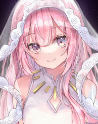 Rule 34 | 1girl, bare shoulders, closed mouth, clothing cutout, commentary request, dress, hair between eyes, highres, light particles, long hair, looking at viewer, magical mirai luka, megurine luka, multicolored eyes, noneon319, pink hair, purple eyes, signature, sleeveless, sleeveless dress, smile, solo, twitter username, upper body, veil, vocaloid, white dress